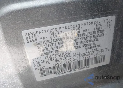 2019 Nissan Sentra Sv из США, поврежденный, VIN 3N1AB7APXKY402462